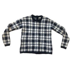 Madewell Sz XS Back Button Sweater Plaid Off-white Blue 100% Merino Wool X-Small